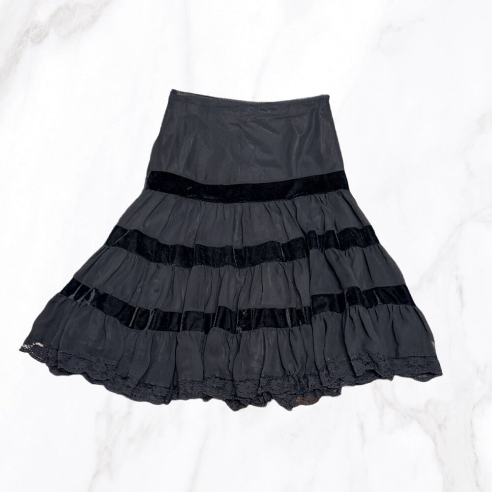 Wet Seal Y2K Black‎ Velvet & Sheer Tiered Midi Skirt, Size S - Picture 3 of 7